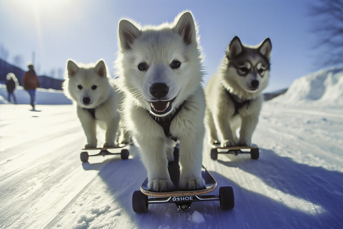AI-generated on prompt "Close-up three husky puppies riding skateboards on snowy road in Alaska, sunny day, low angle, Canon A1, 50mm lens, f/16, 8k, --ar 3-2." Conjured using Midjourney.