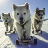 AI-generated on prompt "Close-up three husky puppies riding skateboards on snowy road in Alaska, sunny day, low angle, Canon A1, 50mm lens, f/16, 8k, --ar 3-2." Conjured using Midjourney.
