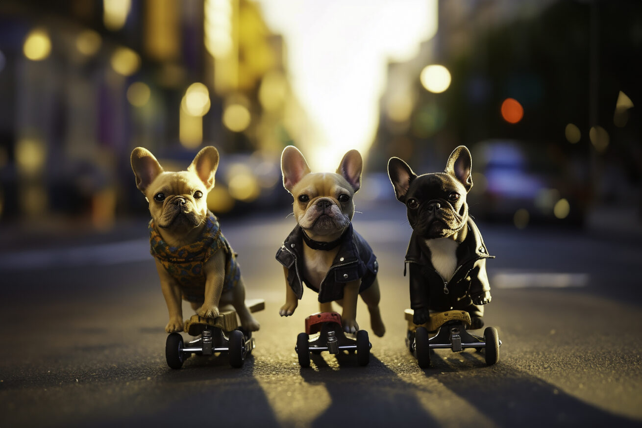 AI-generated on prompt "Pack of miniature French bulldogs wearing leather vests, on steampunk skateboards, in Paris France with Eiffel Tower in background with fill-flash --ar 3-2." Conjured using Midjourney.