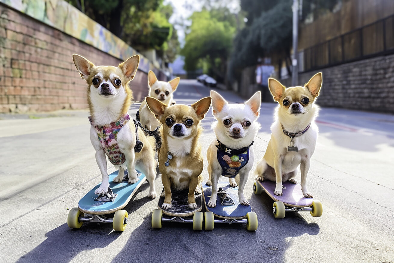 AI-generated on prompt "Pack of punked-out chihuahuas on skateboards in downtown LA --ar 1-1."  Conjured using Midjourney.