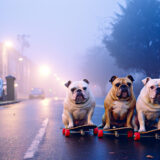 AI-generated on prompt "Tight shot of several English bulldogs standing on vintage skateboards, lit by streetlamps from behind, foggy night London, Canon A-1 camera, Kodak Gold 200 film, f/8, --ar 3:2." Conjured using Midjourney.