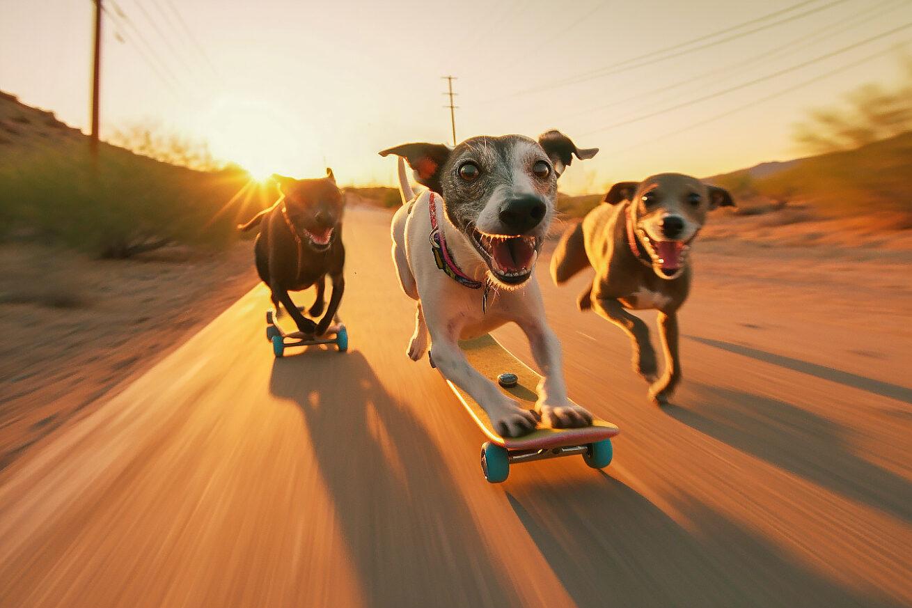 AI-generated on prompt "Close-up three miniature greyhounds on skateboards, speeding down hill, on desert road near Tucson, at sunset, low angle, Canon A-1, 50mm lens, f/16, 8k --ar 3-2." Conjured using Midjourney.