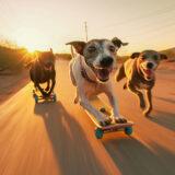 AI-generated on prompt "Close-up three miniature greyhounds on skateboards, speeding down hill, on desert road near Tucson, at sunset, low angle, Canon A-1, 50mm lens, f/16, 8k --ar 3-2." Conjured using Midjourney.