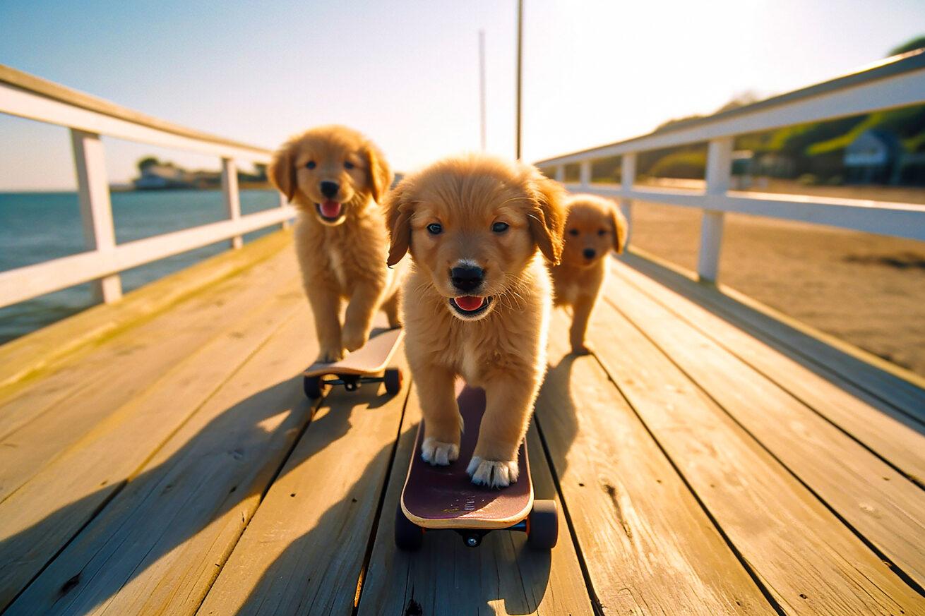 AI-generated on prompt "Three golden retriever puppies skateboarding on wooden boardwalk, sunny day at beach, Canon A-1, 50mm lens, f/16, 8k --ar 3-2." Conjured using Midjourney.