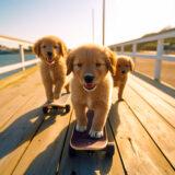 AI-generated on prompt "Three golden retriever puppies skateboarding on wooden boardwalk, sunny day at beach, Canon A-1, 50mm lens, f/16, 8k --ar 3-2." Conjured using Midjourney.